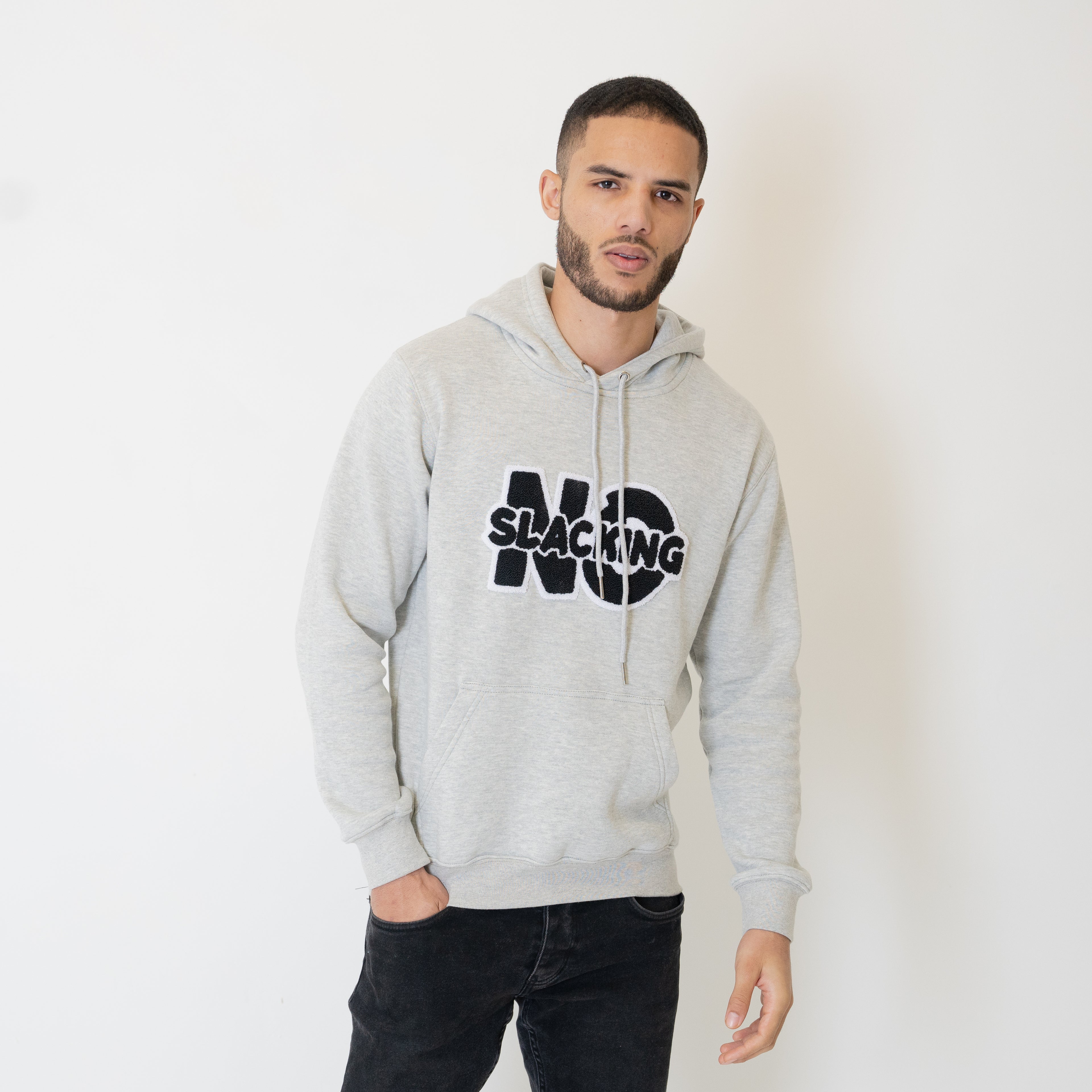 No Slacking Essential Grey Chenille Logo Hoodie